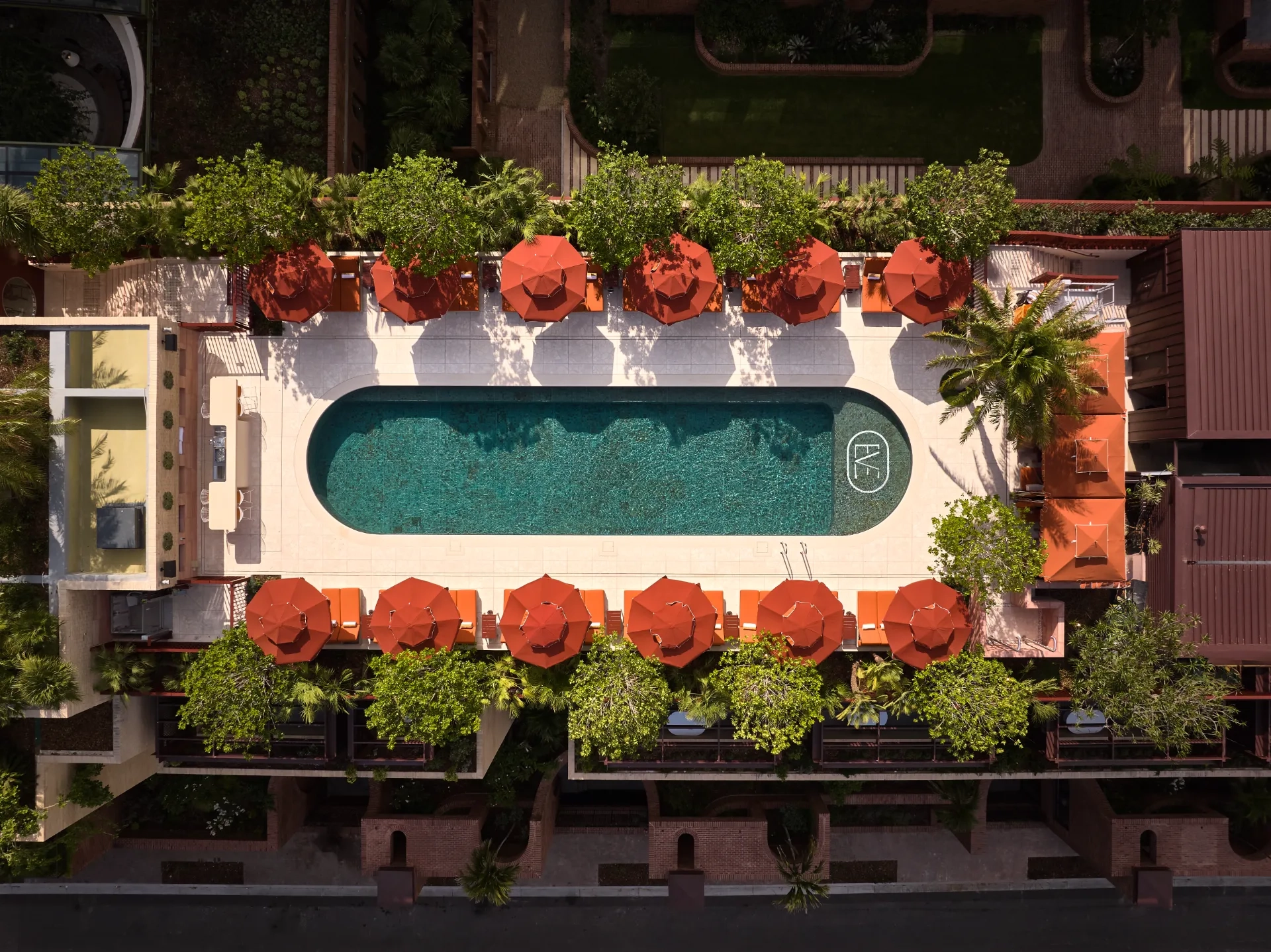 An overhead view of the rooftop pool at The Eve hotel Sydney, surrounded by red beach umbrellas shading deckchairs and border plantings